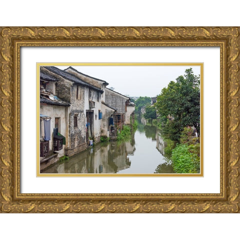 Traditional houses along the Grand Canal-Shaoxing-Zhejiang Province-China Gold Ornate Wood Framed Art Print with Double Matting by Su, Keren