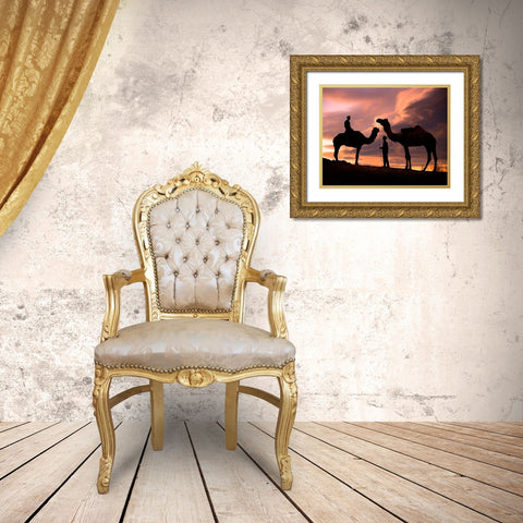 Young men and camels at sunset in the Rajasthan desert-Pushkar-India Gold Ornate Wood Framed Art Print with Double Matting by SMO