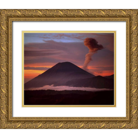 Indonesia Mt Semeru emits a plume of smoke Gold Ornate Wood Framed Art Print with Double Matting by Zuckerman, Jim