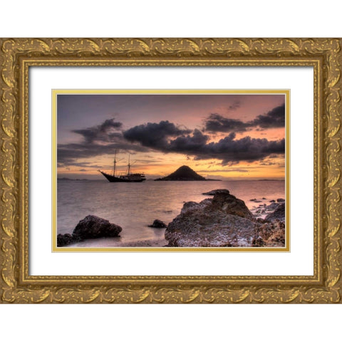 Indonesia, Komodo NP Sunset on a schooner Gold Ornate Wood Framed Art Print with Double Matting by Shimlock, Jones