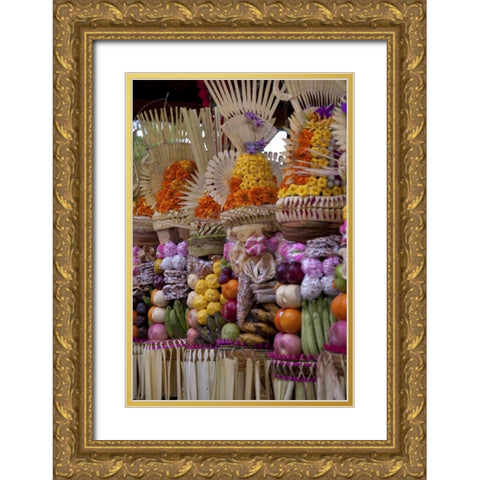 Indonesia, Offerings at Pura Samuan Tiga temple Gold Ornate Wood Framed Art Print with Double Matting by Shimlock, Jones