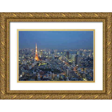 Japan, Tokyo Sunset aerial of downtown Gold Ornate Wood Framed Art Print with Double Matting by Anon, Josh