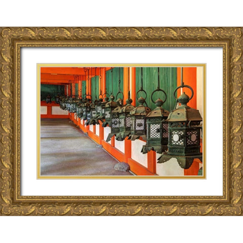 Japan, Nara Lanterns at Kasuga Taisha Shrine Gold Ornate Wood Framed Art Print with Double Matting by Flaherty, Dennis