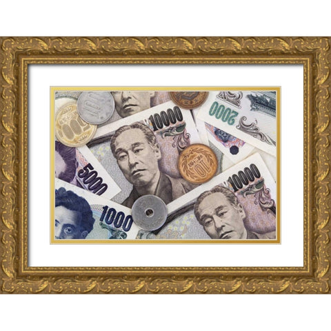 Japan Japanese paper currency and coins Gold Ornate Wood Framed Art Print with Double Matting by Flaherty, Dennis