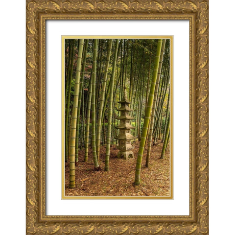 A tall pagoda statue in the center of a tall bamboo grove-Akebonoyama Park-Japan Gold Ornate Wood Framed Art Print with Double Matting by Haddad, Sheila