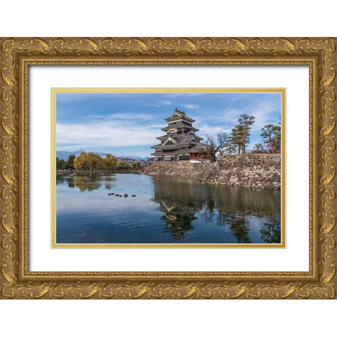 The reflection of the Matsumoto Castle and the castle against the mountain backdrop in Japan Gold Ornate Wood Framed Art Print with Double Matting by Haddad, Sheila