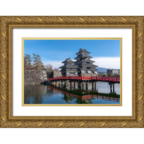 The Matsumoto Castle as seen from the bridge with the city buildings in the background-Japan Gold Ornate Wood Framed Art Print with Double Matting by Haddad, Sheila