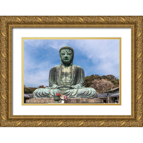 The Great Buddha-Daibutsu-offerings in front-blue sky above in Kamakura-Japan Gold Ornate Wood Framed Art Print with Double Matting by Haddad, Sheila