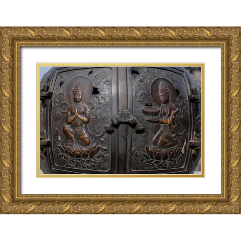 The ornate-engraved bronze doors to the outdoor incense burner of the Daibutsu-Kamakura-Japan Gold Ornate Wood Framed Art Print with Double Matting by Haddad, Sheila