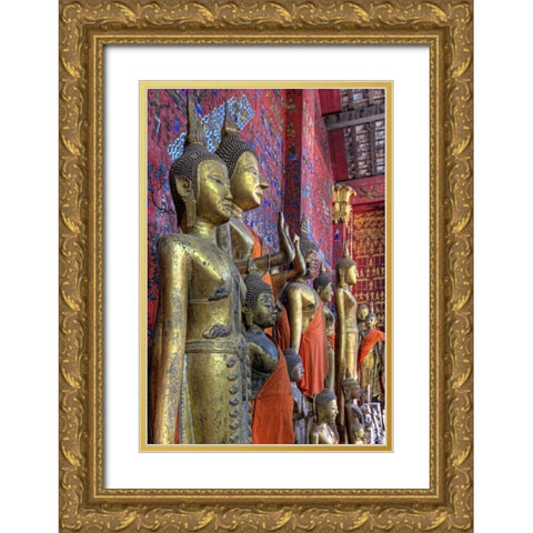 Laos, Luang Prabang Buddha statues inside temple Gold Ornate Wood Framed Art Print with Double Matting by Shimlock, Jones
