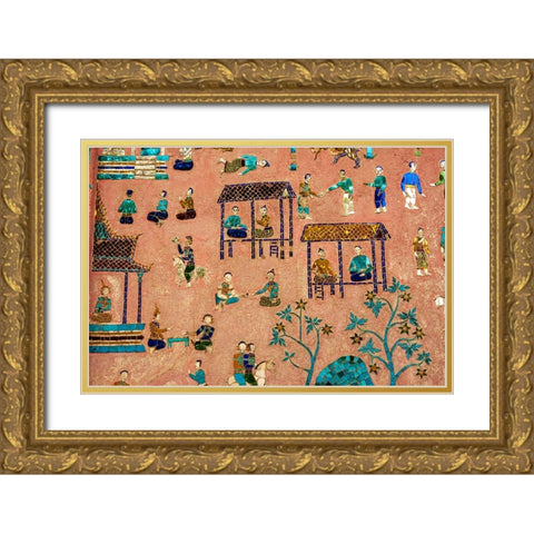 Laos-Luang Prabang-Detail of mosaic decorations depicting people on the side of a building Gold Ornate Wood Framed Art Print with Double Matting by Haseltine, Tom