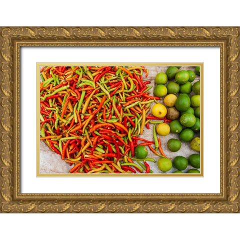 Peppers and limes at market-Vientiane-Capital of Laos-Southeast Asia Gold Ornate Wood Framed Art Print with Double Matting by Haseltine, Tom