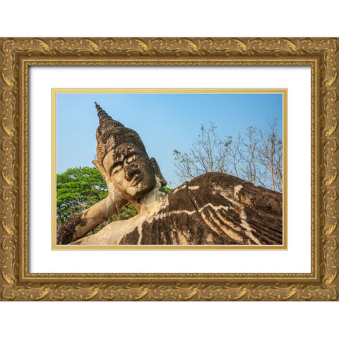 Reclining Buddha statue-Xieng Khuan-Xiengkuane-Buddha Park-Southeast Asia Gold Ornate Wood Framed Art Print with Double Matting by Haseltine, Tom
