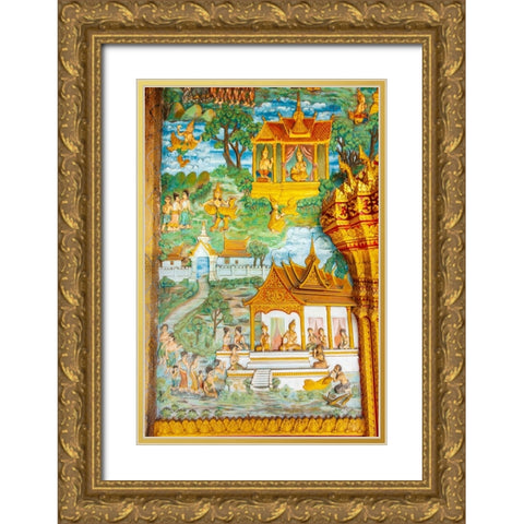 Luang Prabang- Laos. Ancient mural carvings in Wat Mahathat facade. Gold Ornate Wood Framed Art Print with Double Matting by Haseltine, Tom