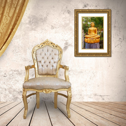 Laos- Luang Prabang. Golden Buddha statue with elongated earlobes. Gold Ornate Wood Framed Art Print with Double Matting by Haseltine, Tom
