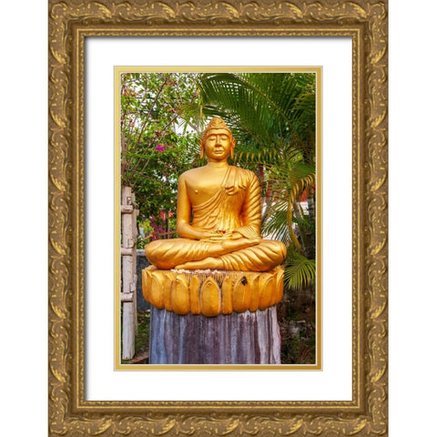 Laos- Luang Prabang. Golden Buddha statue with elongated earlobes. Gold Ornate Wood Framed Art Print with Double Matting by Haseltine, Tom