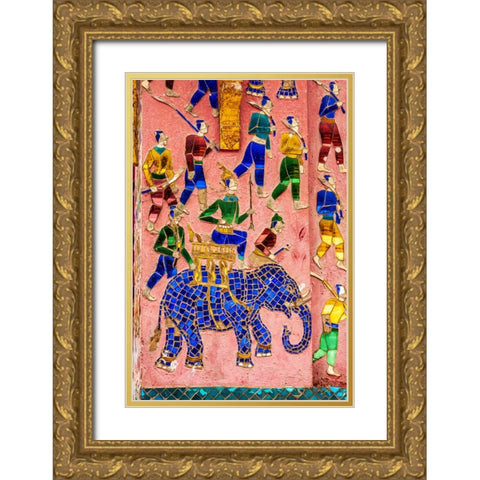 Laos- Luang Prabang. Mosaic mural depicting a man riding an elephant Gold Ornate Wood Framed Art Print with Double Matting by Haseltine, Tom