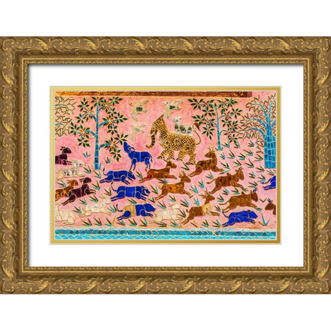 Laos- Luang Prabang. Mosaic mural depicting animals. Gold Ornate Wood Framed Art Print with Double Matting by Haseltine, Tom