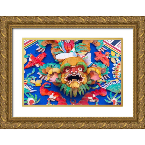 Malaysia- Malacca (Melaka). The Cheng Hoon Teng temple- painted carving on building. Gold Ornate Wood Framed Art Print with Double Matting by Haseltine, Tom