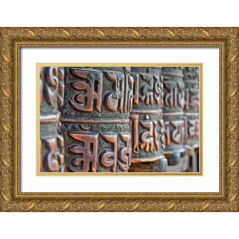 Bronze prayer wheels carved with Buddhist scripture-Swayambhunath-Kathmandu-Nepal Gold Ornate Wood Framed Art Print with Double Matting by Su, Keren