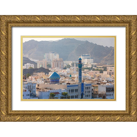 Middle East-Arabian Peninsula-Oman-Muscat-Muttrah-Blue minaret and dome of a mosque in Muttrah Gold Ornate Wood Framed Art Print with Double Matting by Wilson, Emily M.