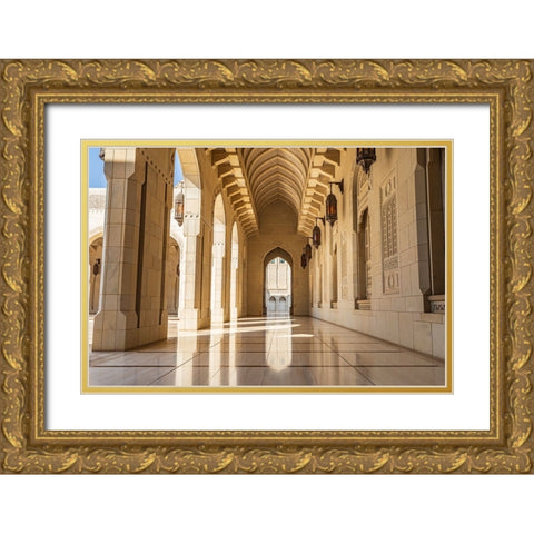 Middle East-Arabian Peninsula-Oman-Muscat-Exterior corridor of Sultan Qaboos Grand Mosque in Muscat Gold Ornate Wood Framed Art Print with Double Matting by Wilson, Emily M.