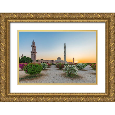 Middle East-Arabian Peninsula-Oman-Muscat-Sunset view of the Sultan Qaboos Grand Mosque in Bawshar Gold Ornate Wood Framed Art Print with Double Matting by Wilson, Emily M.