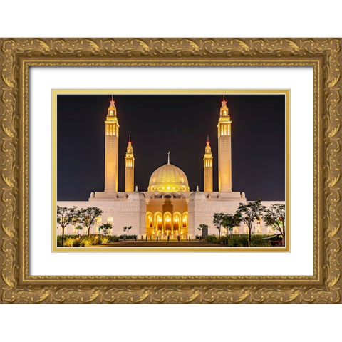 Middle East-Arabian Peninsula-Oman-Ad Dakhiliyah-Nizwa-Night view of the Sultan Qaboos Grand Mosque Gold Ornate Wood Framed Art Print with Double Matting by Wilson, Emily M.
