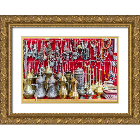 Middle East-Arabian Peninsula-Oman-Ad Dakhiliyah-Nizwa-Traditional tea pots and jewelry for sale Gold Ornate Wood Framed Art Print with Double Matting by Wilson, Emily M.