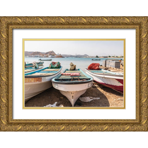 Middle East-Arabian Peninsula-Al Batinah South-Fishing boats on the beach in the harbor of Sur-Oman Gold Ornate Wood Framed Art Print with Double Matting by Wilson, Emily M.