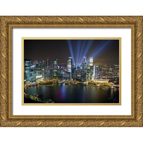 Singapore Downtown overview at night Gold Ornate Wood Framed Art Print with Double Matting by Zuckerman, Jim