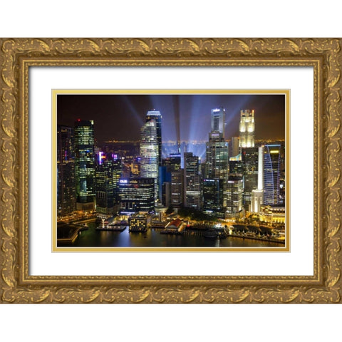 Singapore Downtown overview at night Gold Ornate Wood Framed Art Print with Double Matting by Zuckerman, Jim