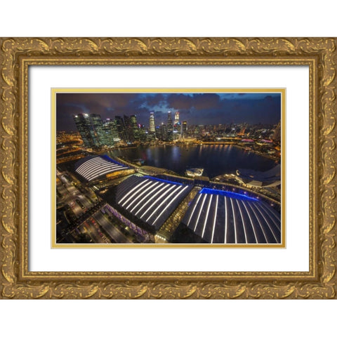 Singapore Downtown overview at night Gold Ornate Wood Framed Art Print with Double Matting by Zuckerman, Jim