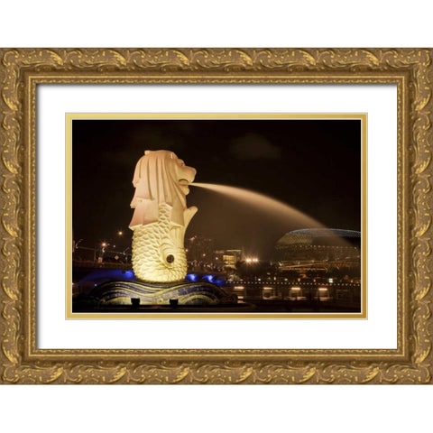 Singapore Merlion statue spewing water Gold Ornate Wood Framed Art Print with Double Matting by Zuckerman, Jim