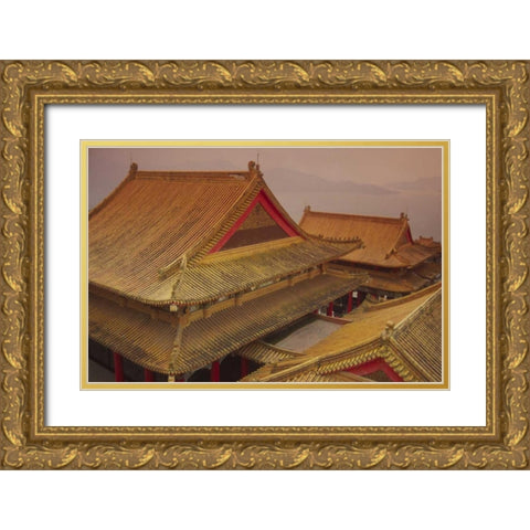 Taiwan, Wenwu Temple rooftops with Sun Moon Lake Gold Ornate Wood Framed Art Print with Double Matting by Satushek, Steve