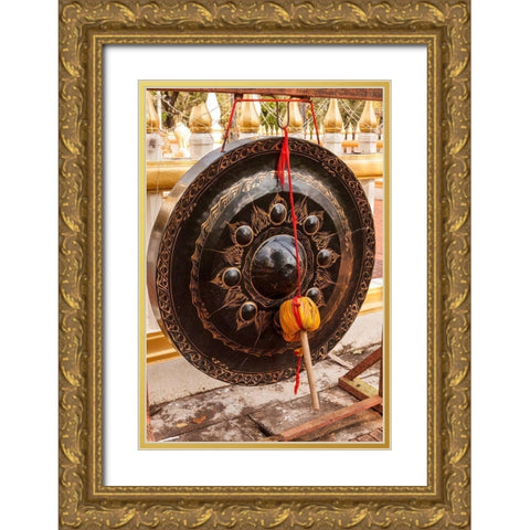 Thailand-Nong Khai Gong in temple courtyard Phra That Bang Phuan temple Gold Ornate Wood Framed Art Print with Double Matting by Haseltine, Tom