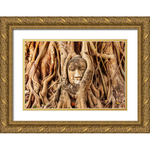 Thailand- Ayutthaya. Wat Mahathat. Buddha head engulfed in tree roots. Gold Ornate Wood Framed Art Print with Double Matting by Haseltine, Tom