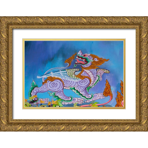 Thailand- Phuket. Mural of mythical creatures. Winged lion. Gold Ornate Wood Framed Art Print with Double Matting by Haseltine, Tom