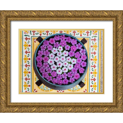 Asia-Vietnam-Mui Ne Pink and white flowers floating on water in a large pot Gold Ornate Wood Framed Art Print with Double Matting by Merrill Images
