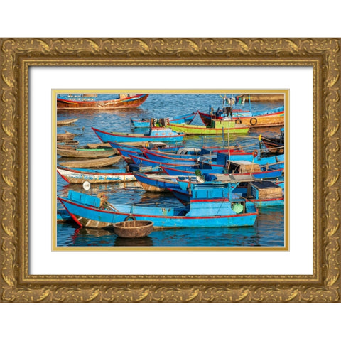 Distinctive red and blue fishing fleet in major fishing port of Nha Trang-South Central Vietnam Gold Ornate Wood Framed Art Print with Double Matting by Haseltine, Tom