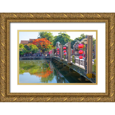 Vietnam-Hoi An bridge over the river with reflections and silk lamps Gold Ornate Wood Framed Art Print with Double Matting by Norring, Tom