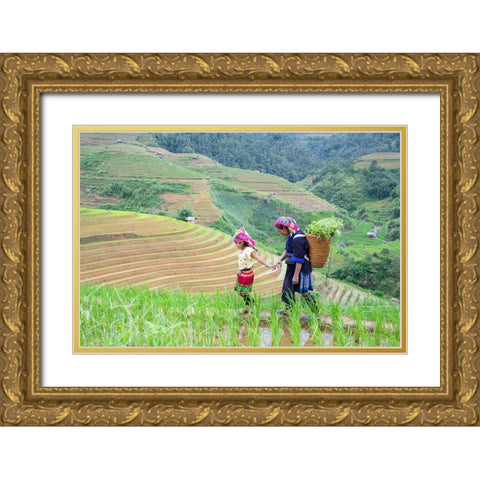 Vietnam-Grandma taking care of granddaughter-Farming community with traditional Sapa dresses Gold Ornate Wood Framed Art Print with Double Matting by Norring, Tom