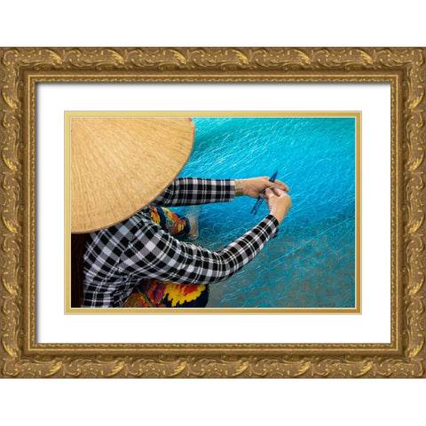 Vietnam-Women repairing fishing nets Gold Ornate Wood Framed Art Print with Double Matting by Norring, Tom