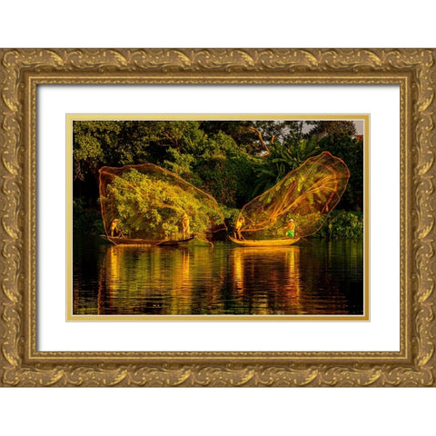 Vietnam-Butterfly net fishing-Fishermen working in complete synchronization Gold Ornate Wood Framed Art Print with Double Matting by Norring, Tom
