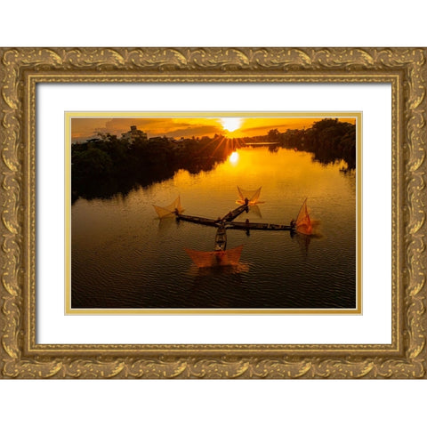 Vietnam-Coordinated lagoon fishing with nets at sunset Gold Ornate Wood Framed Art Print with Double Matting by Norring, Tom