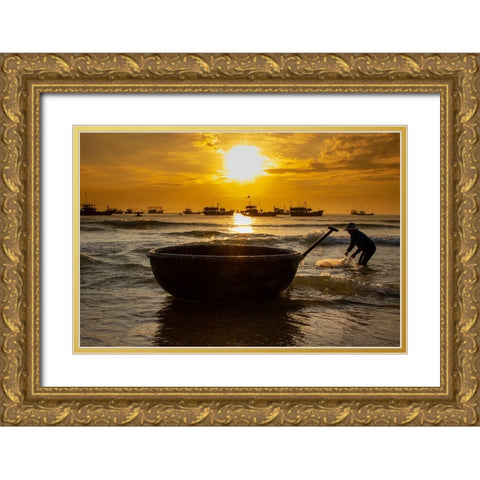Vietnam-Fishermen deliver the nights catch to the beach at Hoi An Gold Ornate Wood Framed Art Print with Double Matting by Norring, Tom