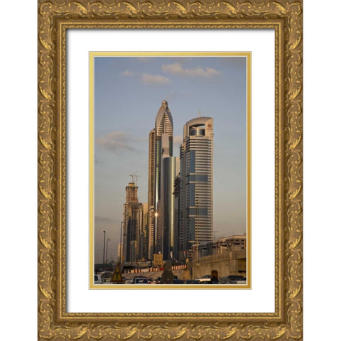 UAE, Dubai Towers along Sheik Zayed Road Gold Ornate Wood Framed Art Print with Double Matting by Young, Bill