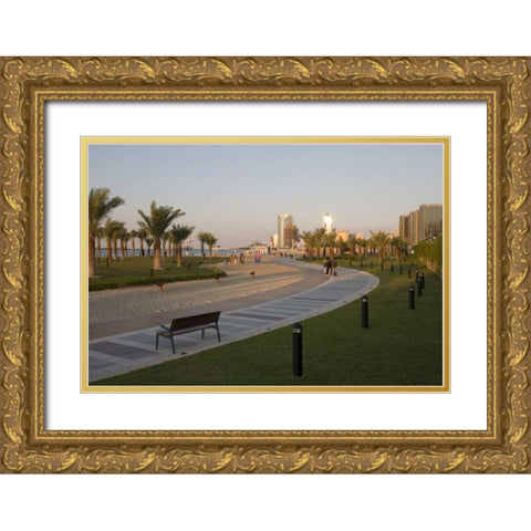 UAE, Abu Dhabi Walkway by beach and waterfront Gold Ornate Wood Framed Art Print with Double Matting by Young, Bill