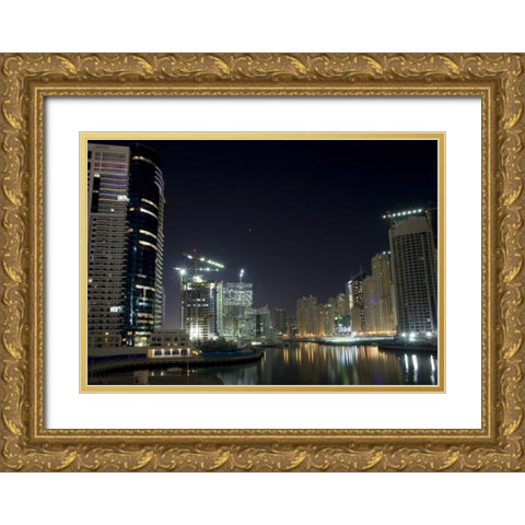 UAE, Dubai Towers on marina at night Gold Ornate Wood Framed Art Print with Double Matting by Young, Bill