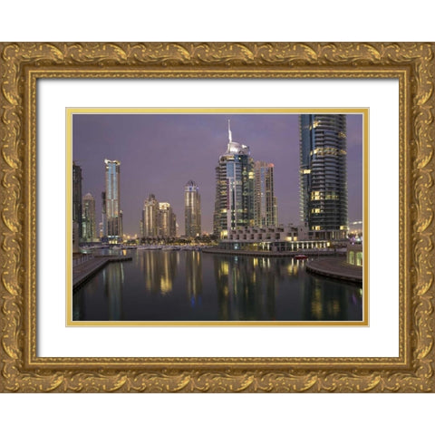 UAE, Dubai, Marina Lights reflect on marina Gold Ornate Wood Framed Art Print with Double Matting by Young, Bill